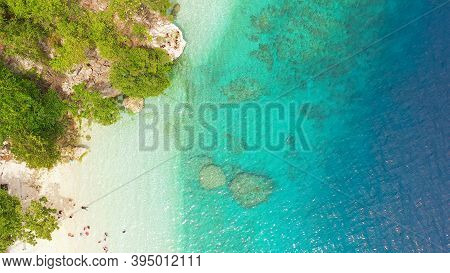 Beautiful Beach Canibad By Turquoise Water View From Above. Philippines, Samal Island.