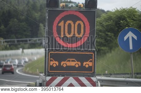 A Traffic Congestion Warning Road Sign Standing On The Street
