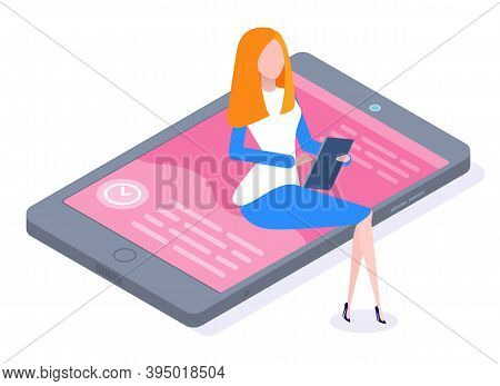 Young Woman In Blue Skirt, White Blouse Sits On Pink Screen Huge Smartphone With Tablet In Her Hands