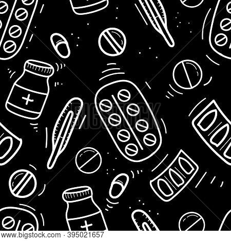 Vector Seamless Pattern, White Medical Supplies On Black Background In Doodle Style