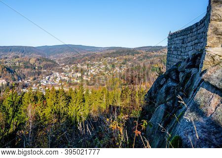 Aerial View Of Tanvald From Terezinka Lookout Point. Autumn Sunny Day. Jizera Mountains, Northern Bo