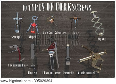 Ten Types Of Corkscrews & Wine Bottle Openers. 3d Rendering