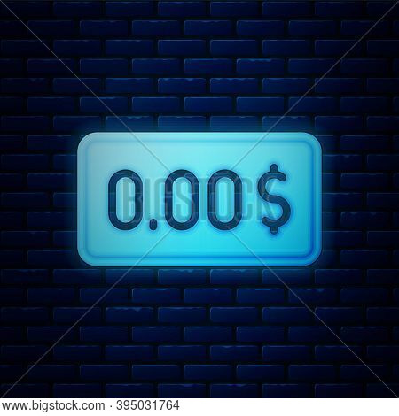 Glowing Neon Zero Cost Icon Isolated On Brick Wall Background. Empty Bank Account. Vector
