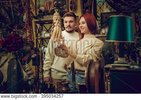 Fun. Smiling Family, Caucasian Couple Looking For Home Decoration And Holidays Gifts In Household St