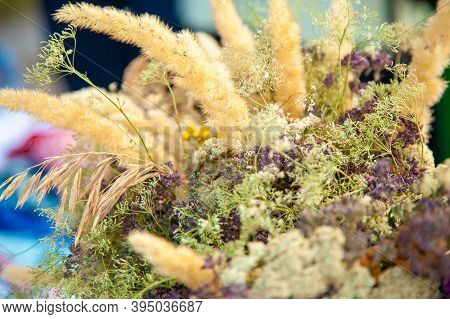 Bouquet Of Dried Wild Flowers And Spikelets At A Rural Fair Close Up.