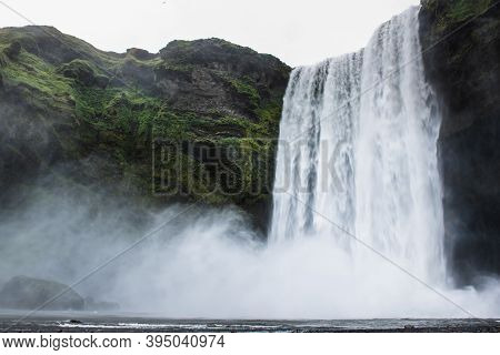 Scogafoss Waterfall In Iceland. Travel Summer Nordic Concept. Natural Icelandic Background.