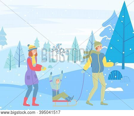 Father, Mother And Son On A Winter Walk. Man Sledding A Child. Family Members Walking Together In Co