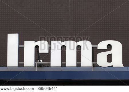 Copenhagen, Denmark - August 20, 2020: Irma Logo On A Wall. Irma Is A High-end Chain Of Supermarkets