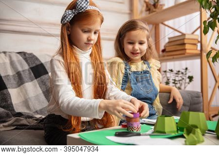 Art. Two Little Children, Girls Together In Creativity Of The House. Happy Kids Make Handmade Toys F