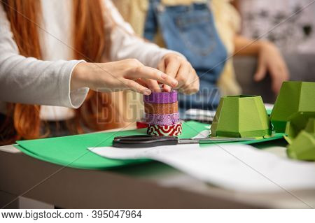 Close Up Hands Of Two Little Children, Girls Together In Creativity Of The House. Kids Make Handmade