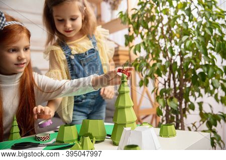 Art. Two Little Children, Girls Together In Creativity Of The House. Happy Kids Make Handmade Toys F