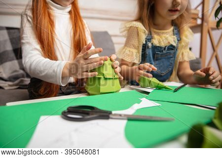 Christmas Tree. Two Little Children, Girls Together In Creativity. Happy Kids Make Handmade Toys For