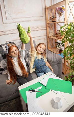 Christmas Tree. Two Little Children, Girls Together In Creativity. Happy Kids Make Handmade Toys For