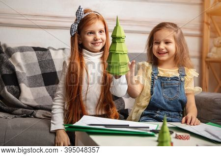 Cheerful. Two Little Children, Girls Together In Creativity Of The House. Happy Kids Make Handmade T