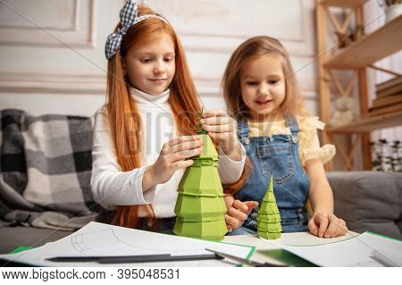 Gift. Two Little Children, Girls Together In Creativity Of The House. Happy Kids Make Handmade Toys 