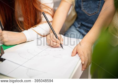Close Up Hands Of Two Little Children, Girls Together In Creativity Of The House. Kids Make Handmade