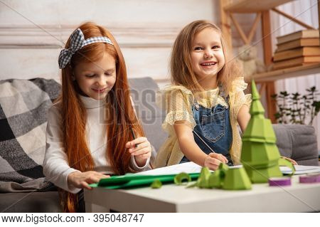 Santas Letter. Two Little Children, Girls Together In Creativity Of The House. Happy Kids Make Handm