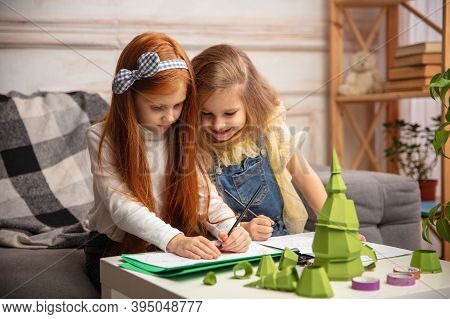 Santas Letter. Two Little Children, Girls Together In Creativity Of The House. Happy Kids Make Handm