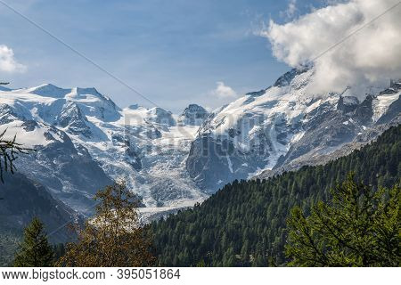 View Of Morteratsch Glacier, The Largest Glacier Of The Bernina Massif In Switzerland.