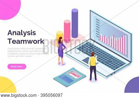 Landing Page Teamwork Analysis Site. Large Cartoon Laptop With Charts, Data, Analytic Summary, Busin