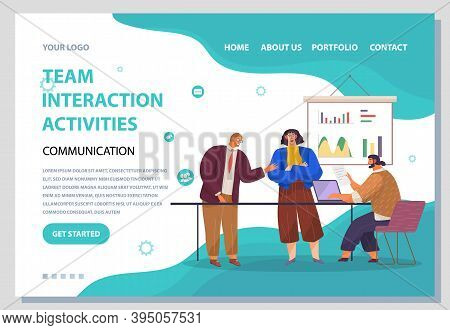 Landing Page Team Interaction Activities Site. Red-haired Man Stands And Tells Sth, Girl Crossed Her