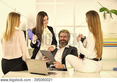 Flirting With Boss. Man And Women Business Colleagues. They Love Their Boss. Office Flirt. Career Co