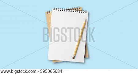 Open Notepad On Blue Background, Spiral Notepad On Table, To Do List, Flat Lay Pencil With Notebook