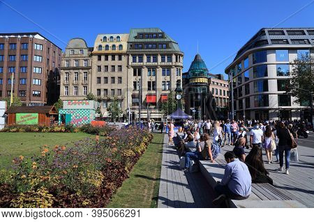 Dusseldorf, Germany - September 19, 2020: People Visit Cornelius Square In Downtown Dusseldorf, Germ