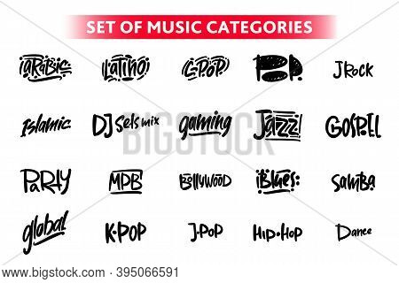Set Of Music Categories Lettering. Logo For Business, Print And Advertising.