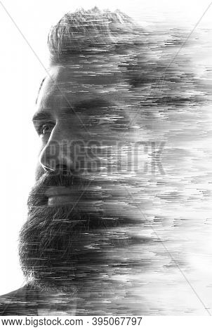 Artwork created by combining a portrait with digital graphics