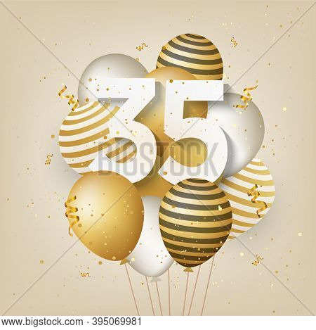 Happy 35th Birthday With Gold Balloons Greeting Card Background. 35 Years Anniversary. 35th Celebrat
