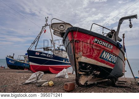 Hastings Port, East Sussex / Uk -  2020.08.08: Hastings Fishing Boats On The Beach At Rock-a-nore