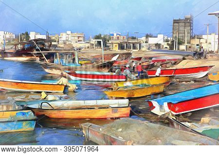 Traditional Persian Gulf Bandari Ships Colorful Painting Looks Like Picture