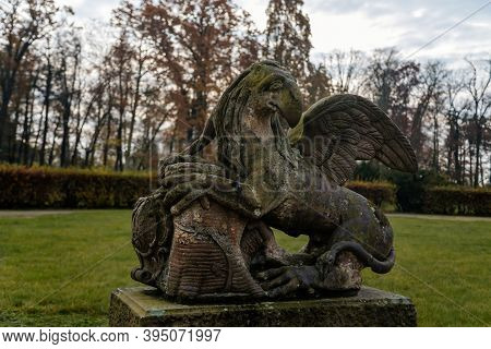 Old Abandoned Ruined Baroque Libechov Castle, Sculptures In Castle Garden, Romantic Chateau Was Heav