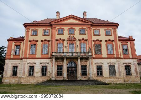 Old Abandoned Ruined Baroque Libechov Castle With Balcony In Sunny Day, Romantic Chateau Was Heavily