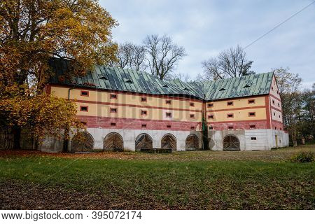 Old Abandoned Ruined Baroque Libechov Castle In Sunny Autumn Day, Romantic Chateau Was Heavily Damag