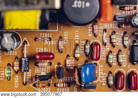 Diode,resistors And Other Electrical Components On Tv Circuit Board,macro Close Up