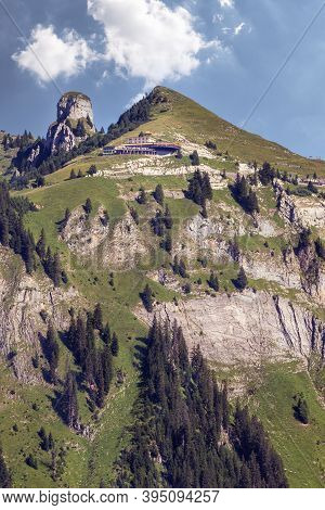 Distant High Angle View On The Rock Formations Of Schynige Platte In Summer. Bernese Oberland, Switz
