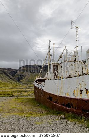 An Out-of-the-way Whaling Ship That Rusts On The Road To Látrabjarg On A Dead Cloudy Day. The Shipwr