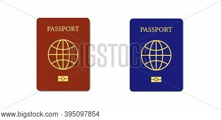 International Biometric Passport . Cover Page Of Red And Blue Passports . Vector Illustration On Whi