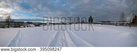 Small Alpine Village And Winter Snowy Mountains In First Sunrise Sunlight Around, Voronenko, Carpath