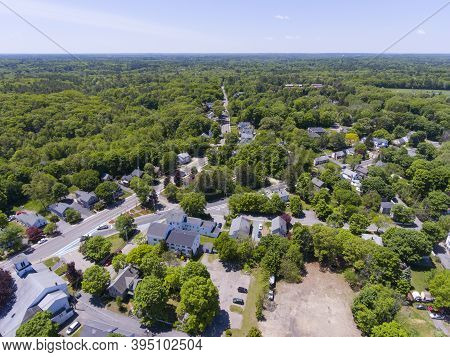 Aerial View Of Medway Historic Town Center And Village Street In Summer, Medway, Boston Metro West A