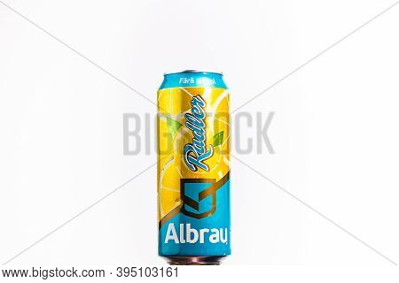 Albrau Radler Beer From Romanian Local Brewery Isolated. Detail Photo Of Beer Can In Bucharest, Roma