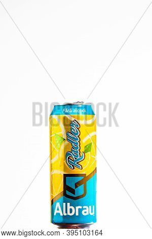 Albrau Radler Beer From Romanian Local Brewery Isolated. Detail Photo Of Beer Can In Bucharest, Roma