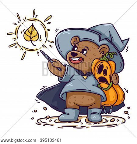 Magician Bear In Witch Hat, Raincoat And Boots, Hugs Halloween Shocked Pumpkin. The Wizard Casts Spe