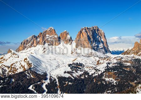 Italian Dolomites Mountains Fassa Valley Sassolungo With The Peaks Spallone, Punta Grohmann And Cinq