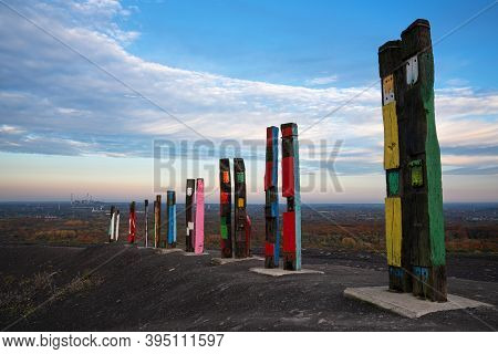 Bottrop, Germany - December 31, 2020: Totems On Haniel Tip, Landmark Of Ruhr Metropolis Against Rain