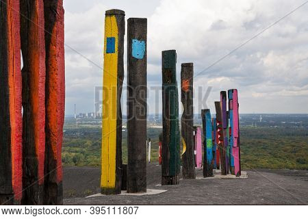 Bottrop, Germany - December 31, 2020: Totems On Haniel Tip, Landmark Of Ruhr Metropolis Against Rain