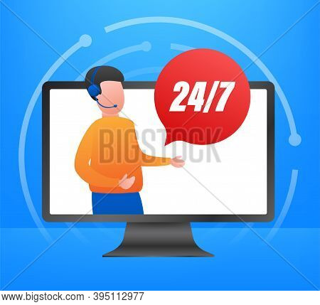 Customer Service 24-7. Call Center Landing Page. Online Support Center, Assistance. Vector Stock Ill