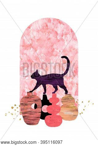 Cat In Ancient Oriental City Landscape. Arch And Vases Composition. Contemporary Hand Drawn Poster C